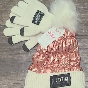 Justice Girls Metallic Quilted Beanie Faux Fur Pom Tech Gloves Set New